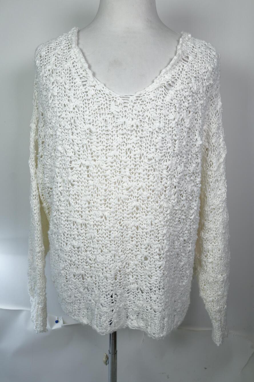 Free People Sweater Womens Medium White Open Knit V-Neck Pullover Relaxed NWT